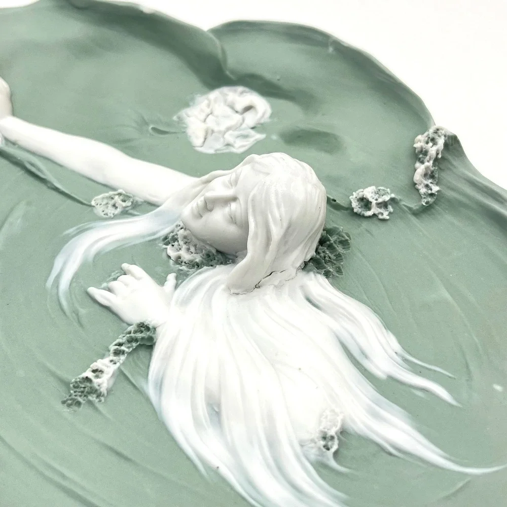 Art Nouveau Ceramic Maiden Lily Pad Tray Sage Green White Sculptural Relief 8.5